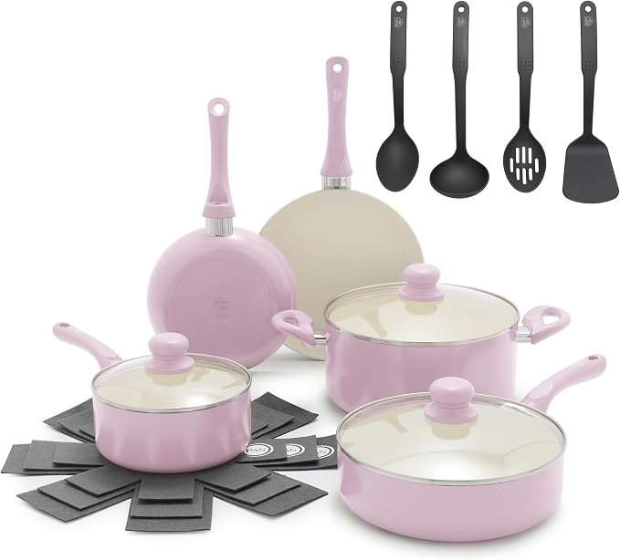 GreenLife 16-Piece Nonstick Cookware Set, Non-Toxic Ceramic Pots and Pans Set, Durable Healthy Kitchen Essentials, Fast Heating, Induction Ready, Easy Clean Dishwasher Safe, PFAS-Free, Blush Pink