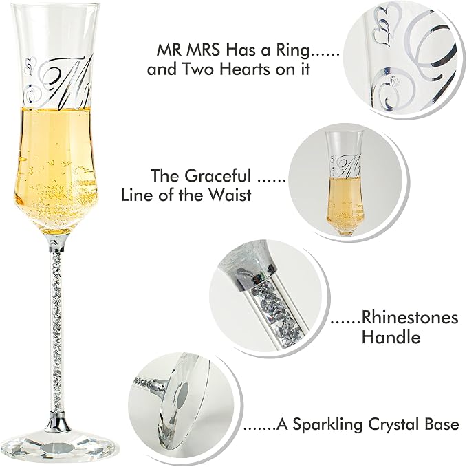 Wedding Champagne Flutes and Cake knife Server Set, Mr and Mrs Champagne Flutes, Bride and Groom Champagne Glasses and Cake Cutting set for Wedding Gifts