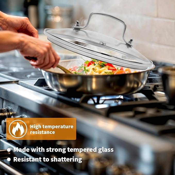 8" Tempered Glass Pan Lid with Steam Vent, Thickened to 4mm and Dishwasher Safe and Oven up to 480℉, Universal Lid Fit for Cast Iron Skillets, Frying Saute Pan, Cooking Pot