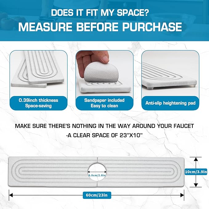 Faucet Mat for Kitchen Sink, Diatomite Quick Drying Tray, Long 23.6'' Kitchen Sink Splash Guard and Bathroom Stone Tray for Counter. Super Absorben. (White-Rectangle, 23.6" x 4")