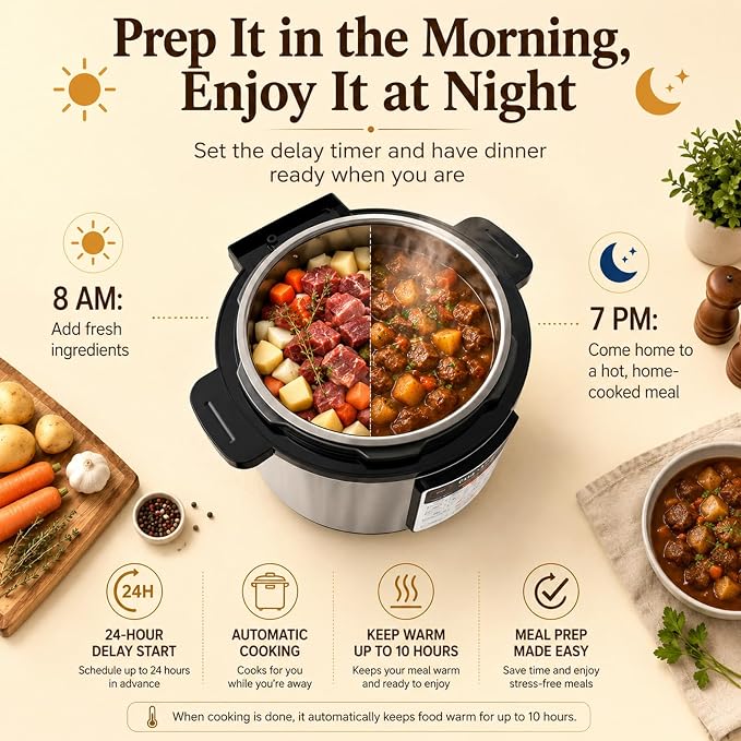 Fullwill 8QT Electric Pressure Cooker, 12-in-1, Ceramic Nonstick Pot, Sauté, 1200W Fast Cook, Slow Cook, Steam, Yogurt, Rice Cooker, for Family Meals, 1200W,Silver