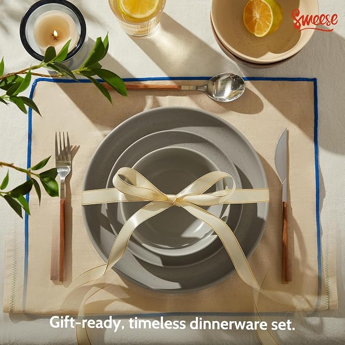Sweese Dinnerware Sets Service for 4, 12 pcs Matte Speckled Glaze Plates and Bowls Sets, Handmade Ceramic Dish Set, Highly Chip and Crack Resistant Modern Plate Set, Grey