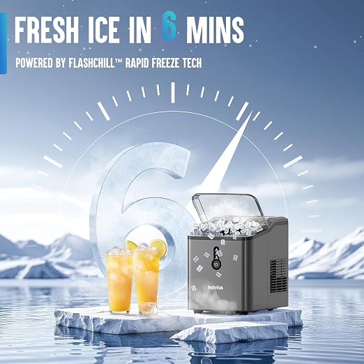 INOVIVA Nugget Ice Makers Countertop – 6 Mins Fast Ice Production, FLASHCHILL™, 26.5 LBS/Day, Self-Cleaning, Compact Portable Design, Ideal for Home, Office & Parties