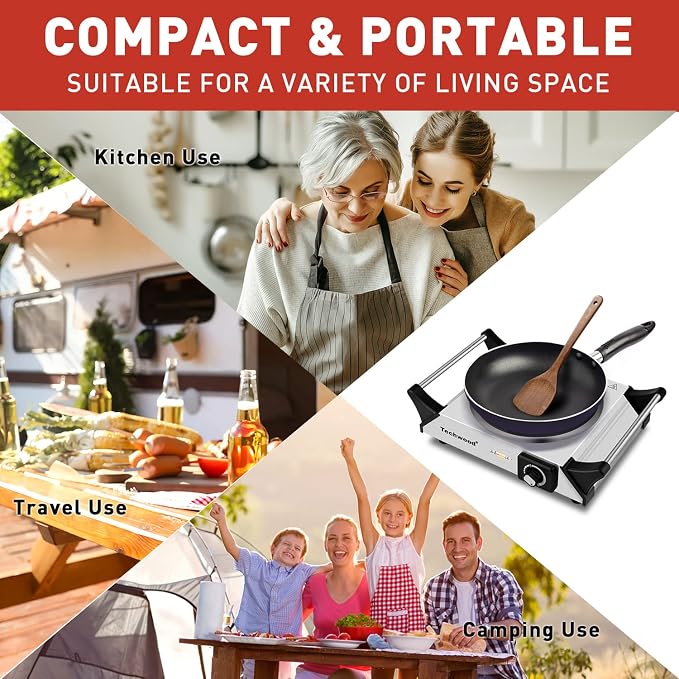 Hot Plate, Techwood Single Burner for Cooking, 1500W Countertop Electric Stove with Adjustable Temperature & Stay Cool Handles, 7.3" Cooktop for RV/Home, Upgraded Version Silver