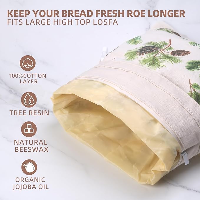 Reusable Beeswax Bread Bags for Homemade Bread,Sourdough Bread Bag with Zipper,Eco-Friendly Cotton Large Food Storage Bags to Keep Fresh,Bakery Essentials(2 Pack)