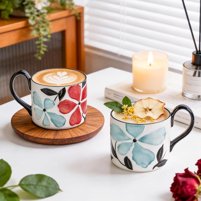 KAMMAK Ceramic Mug - Hand-Painted Coffee and Tea Mug - 400ML Vintage Breakfast Cups - Cute Mugs for Women - Ideal for Birthday - Afternoon Tea & Housewarming Gifts, GX015