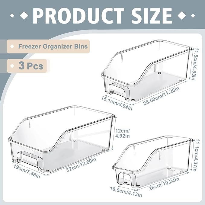 LemonRoad 3 Packs Clear Freezer Organizer Bins with Handle Pantry Vegetable Organizers and Storage Stackable Open Front Fridge Storage Egg Salad Containers for Kitchen Refrigerator Cabinet Closet