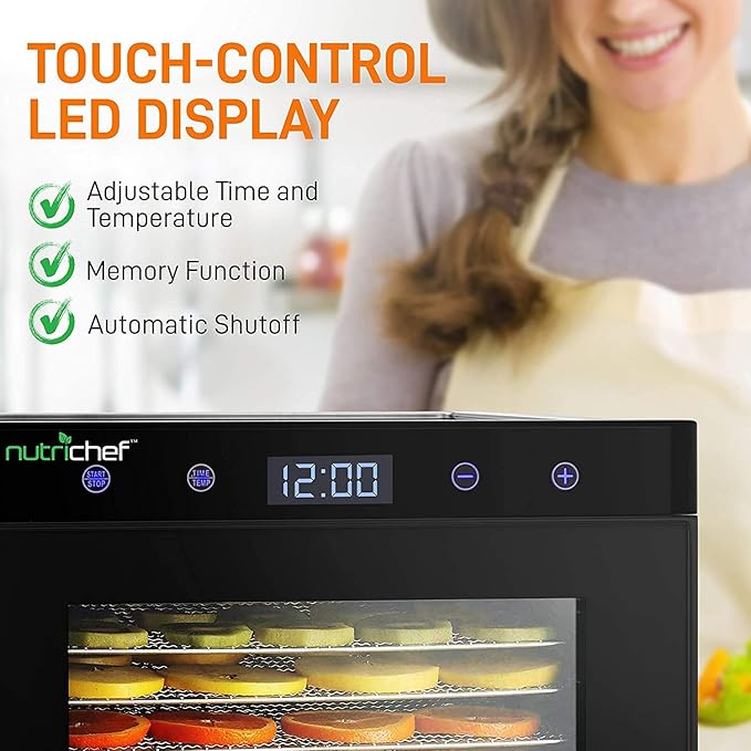 NutriChef Electric Countertop Food Dehydrator Machine - 600-Watt Premium Multi-Tier Meat Beef Jerky Maker Fruit/Vegetable Dryer w/ 6 Stainless Steel Trays, Digital Timer,Temperature Control NCDH6S , BLACK