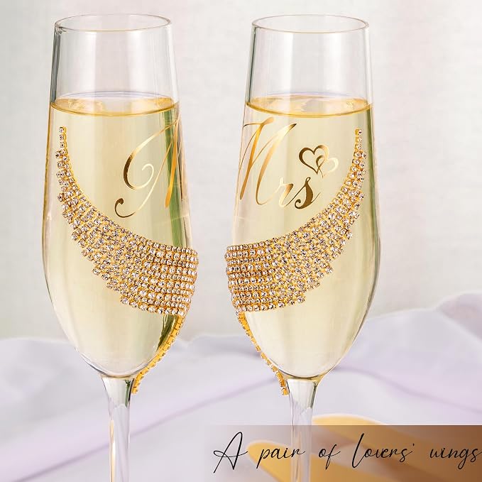 Wedding Cake Knife and Server Set, Gold Mr and Mrs Champagne Flutes and Cake Cutting Set for Wedding Bridal Shower Gifts (Gold)
