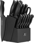 15-Piece Kitchen Knife Block Set with Built-in Sharpener, Upgraded Non-Stick Coating Blades, Ergonomic Handles, Dishwasher Safe, Black