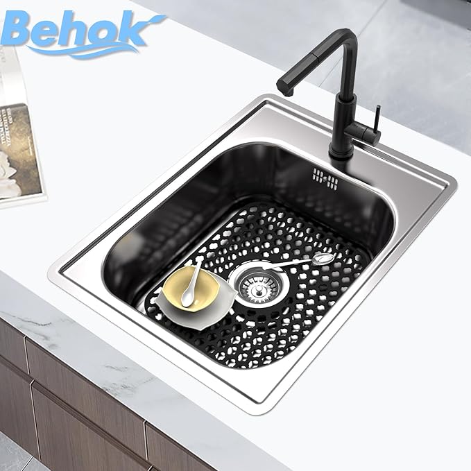 Silicone Sink Protector for Kitchen Bathroom Sink, 2 Pack 13.58"x 11.6" Heat-resistant Mat, Non-Slip and Durable Silicone Protectors, Center Drain (Black)