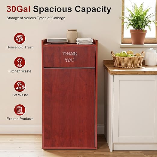30 Gallon Commercial Trash Can, Wooden Trash Can Cabinet with Tray Holder Garbage Can withTrash Bag for Restaurants, Cafes, Kitchens, and Offices, Durable Garbage Receptacle (Brown)