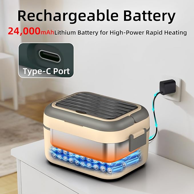 Cordless Electric Heated Lunch Box for Adults, XL 6.3-Cups Rechargeable Battery Powered Smart Self Heating Lunchbox for Men Women, 100W Food Warmer for Trucks Driver Travel Office Worker