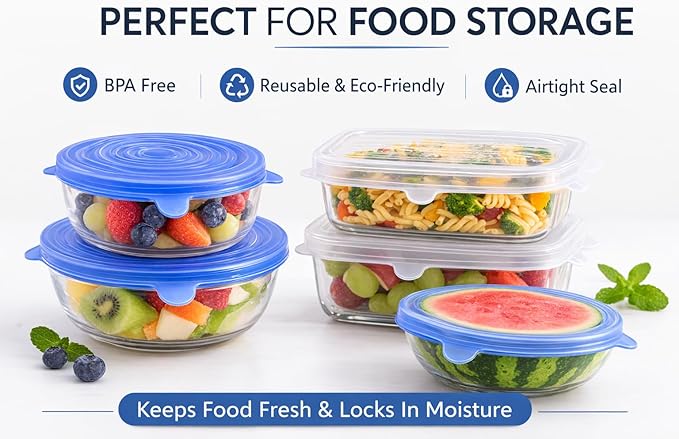 IZEM Premium Reusable Silicone Stretch Lids Set – 12 Pack (6 Round Blue + 6 Rectangle White) BPA-Free, Airtight & Leakproof Bowl Covers + 500ml Silicone Bag, Funnel & Brush