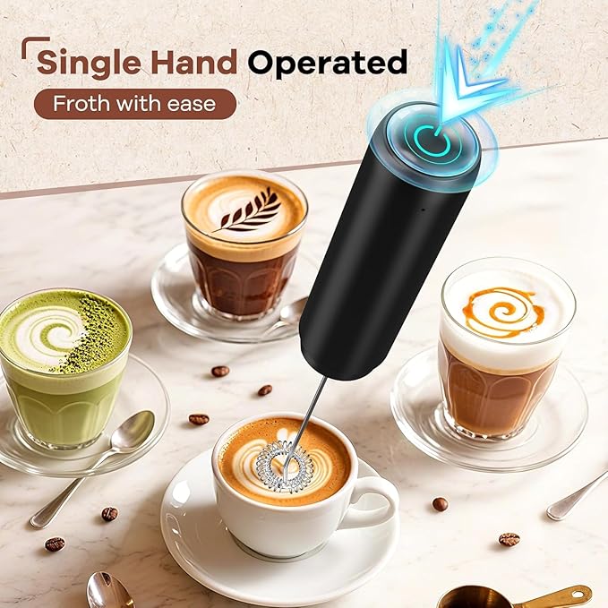 Rechargeable Milk Frother, Handheld Coffee Frother Wand Drink Mixer with Cover, Electric Whisk Coffee Mixer for Matcha Lattes Cappuccino Hot Chocolate