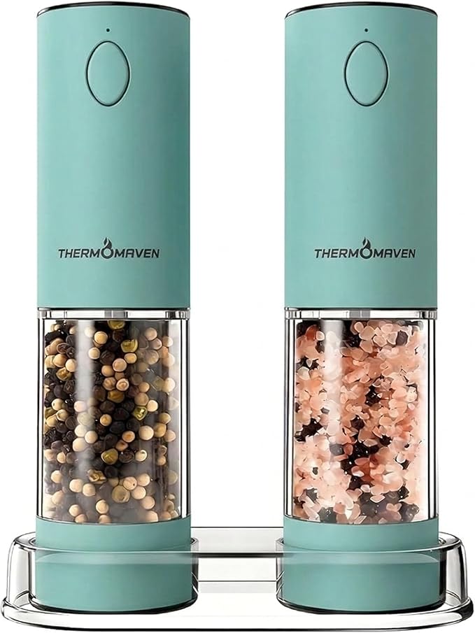ThermoMaven Electric Salt and Pepper Grinder Set, 110ml Larger Rechargeable Automatic Salt and Pepper Mill Grinder with 6 Adjustable Coarseness, Electric Salt and Pepper Shakers, LED, Mint Green