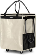 (Medium,Beige) Reusable Grocery Bag on Wheels, Foldable Rolling Tote, Carries Up to 66 lbs Shopping Trolley, Zipper Clouser Shopping Carts for Trips, Laundry, 4 Heavy Duty Wheels and 3 Handles