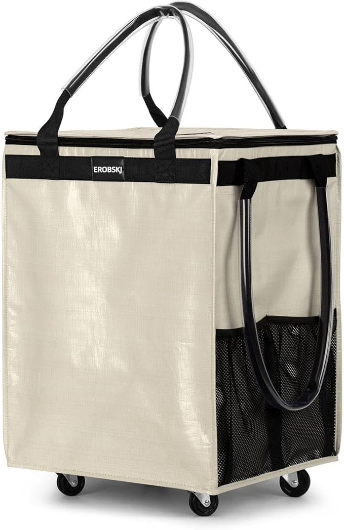 (Medium,Beige) Reusable Grocery Bag on Wheels, Foldable Rolling Tote, Carries Up to 66 lbs Shopping Trolley, Zipper Clouser Shopping Carts for Trips, Laundry, 4 Heavy Duty Wheels and 3 Handles