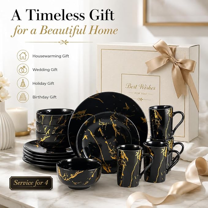 Black and Gold Dinnerware Set 16-Piece – Marble Finish Porcelain Plates and Bowls Sets for 4, Modern Gold Dish Set for Family or Housewarming