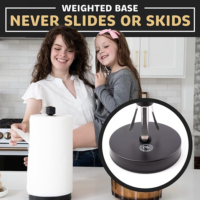 Heavy-Duty Stainless Steel Paper Towel Holder - Easy One-Handed Tear with Suction Cups - Modern Weighted Standing Countertop Dispenser for Kitchen - Holds All Paper Towel Rolls, Black