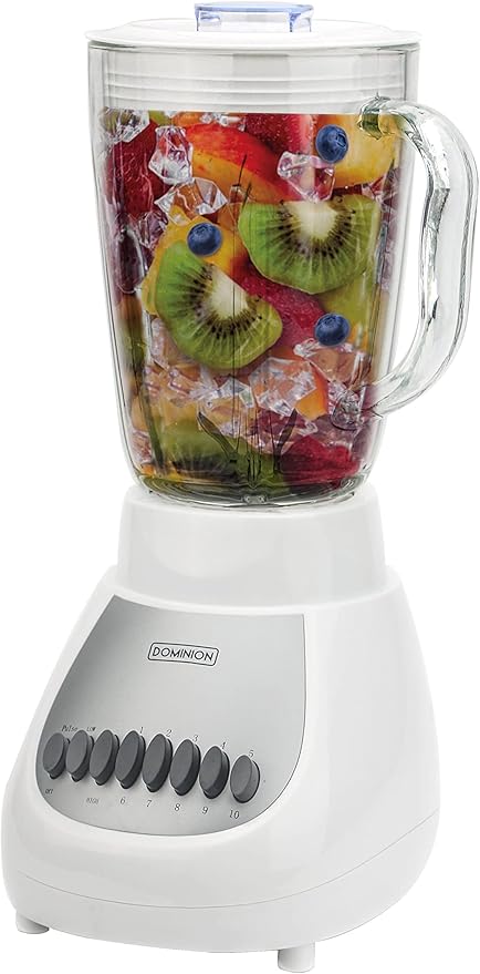 Dominion D4002WG Countertop Blender with 5-Cup 42oz Glass Jar, 10 Speed Settings with Pulse, Sharp Stainless Steel Blade, White