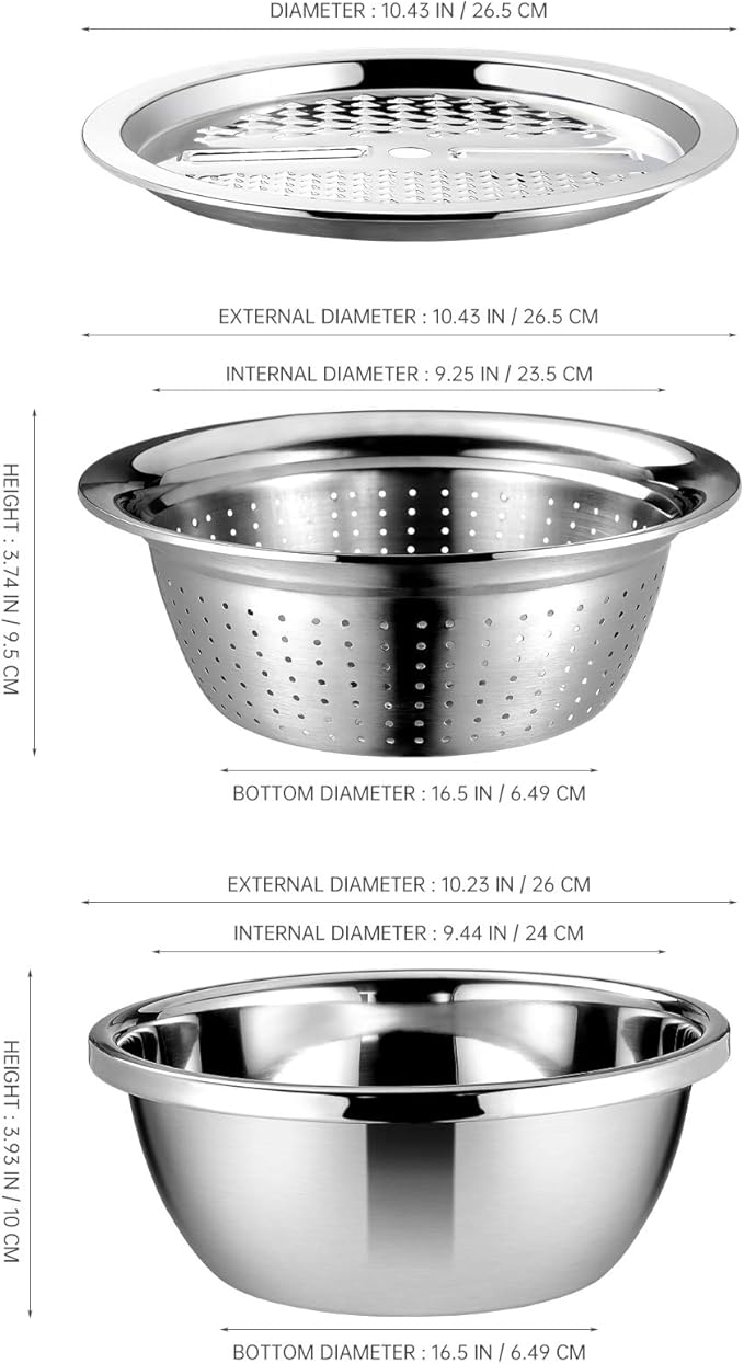 Stainless Steel Grater with Drain Basket 3-in-1 Multipurpose Vegetable Cutter Salad Bowl Kitchen Strainer and Shredder 10.2 Inch
