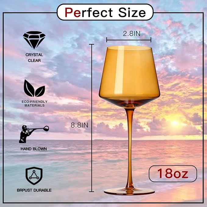 Colored Wine Glasses Set of 6 – 18oz Hand-Blown Crystal Stemmed Wine Glasses, Vibrant Sunset Square stemware for Red & White Wine, Unique Gift for Wedding,Birthday