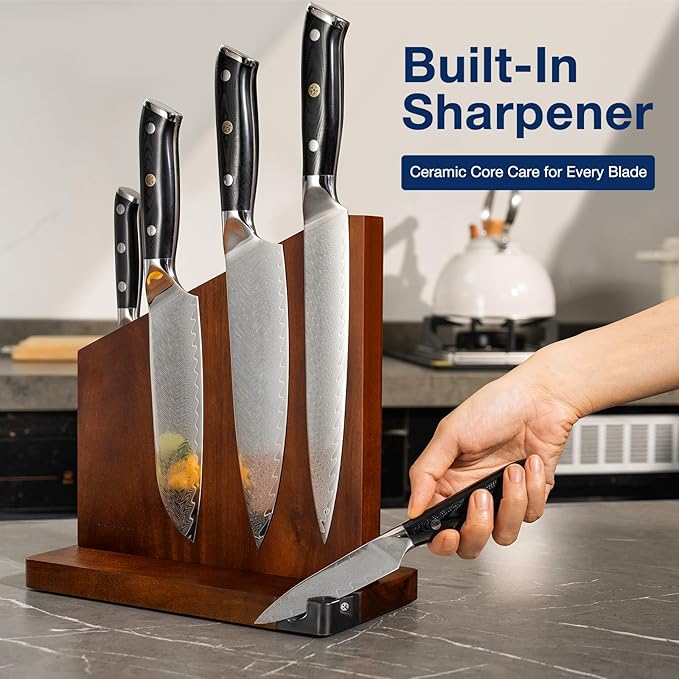 Gourmetop Magnetic Knife Holder with Built-in Sharpener, 100% Acacia Wood Magnetic Knife Block without Knives, Strong Double-Sided Magnetic Knife Holder for Kitchen Countertop Organization, Dark Wood
