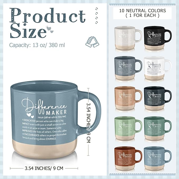 Didaey 10 Pcs Difference Maker Appreciation Gifts Bulk Inspirational Ceramic Coffee Mugs 13 oz Thank You Mug Housekeeping Appreciation Gifts for Teacher Boss Leader Office Coworker Staff, 10 Colors