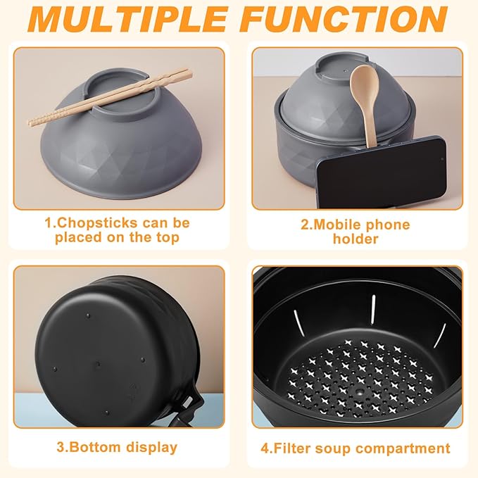 2 Sets Microwave Ramen Bowl 40 oz Wheat Fiber Portable Instant Noodle Cooker Bowl with Handles Strainer Spoon Chopstick Fork College Dorm Room Apartment Essentials(Gray,Black)