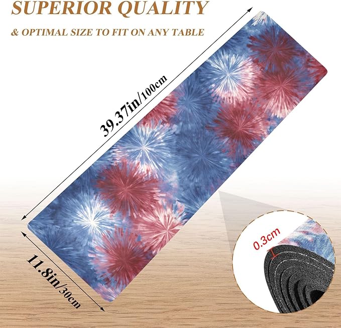 2-in-1 Table Runner Trivet for Hot Dishes Heat Resistant Hot Plate Mat Pad 39x12 Inch Waterproof Table Protector Trivets for Countertop Non Slip Decorative Retro Tie Dye Fireworks