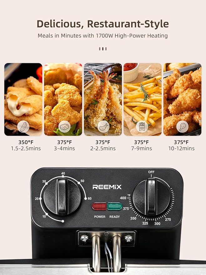 Reemix 4.5L Electric Deep Fryer with 3 Stainless Steel Baskets, 1700W, 2 x 2-Qt and 1 x 4-Qt Baskets, Viewing Window, Adjustable Timer and Temperature up to 400°F, Breakaway Cord