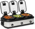 Amazon Basics Triple Slow Cooker with Ceramic Non-Stick Coating, Individual Temperature Controls, Locking Handles, Glass Lids, 3 x 2.5 Quarts, Stainless Steel