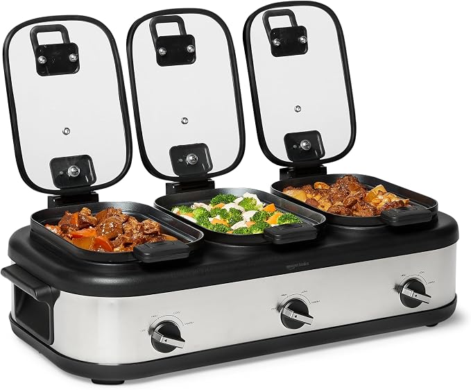 Amazon Basics Triple Slow Cooker with Ceramic Non-Stick Coating, Individual Temperature Controls, Locking Handles, Glass Lids, 3 x 2.5 Quarts, Stainless Steel