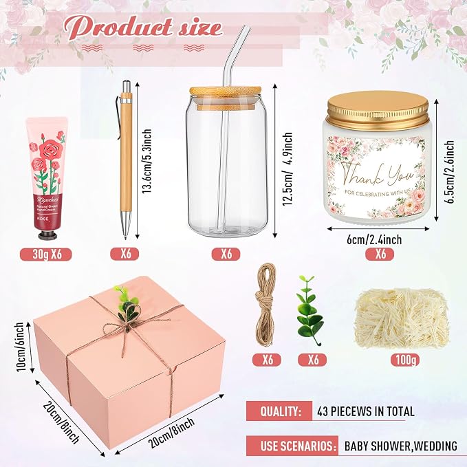 Reallnaive 6 Sets Baby Shower Prizes for Game Winners, Baby Shower Favors Including Glass Cup Scented Candles Hand Cream Pens Gift Box with Raffia for Gender Reveal Wedding Bridal Party Prizes(Pink)