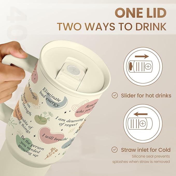 Inspirational Tumbler with Handle 40oz, Daily Positive Inspiration Coffee Cup Stainless Steel Travel Mug, Motivational Gifts for Women Girls Friends Coworker, Gift for Christmas Birthday