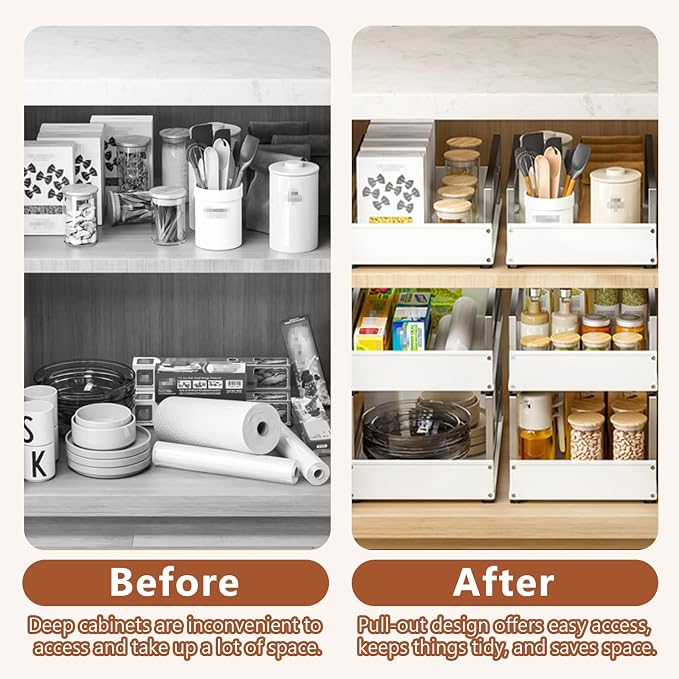 Pull Out Cabinet Organizer with Adhesive Nano Film, Heavy Duty Slide Out Pantry Shelves Drawer Storage, Under Sink Organizers for Bathroom, Kitchen (White,Stackable-11”W x 16.54”Dx 12.6”H)