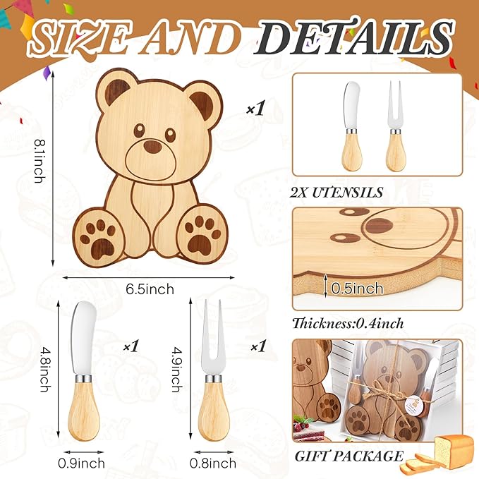 Ziliny 1 Set Baby Shower Prizes Bear Shaped Cheese Board with Cheese Knives and Forks Baby Shower Party Favors Gift Box for Wedding Bridal Birthday Gender Reveal Favor (Bamboo Color)