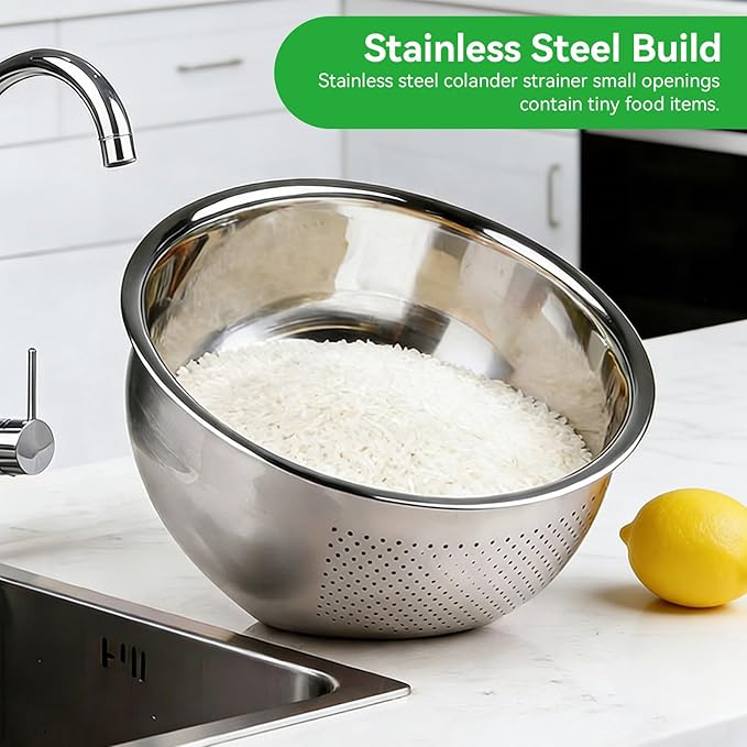 Rice Washer Strainer Bowl, Stainless Steel Rice Washing Bowl Kitchen Washing Basket Basin with Side Drainers Small Colander for Rice, Vegetables & Fruit(22.5CM)