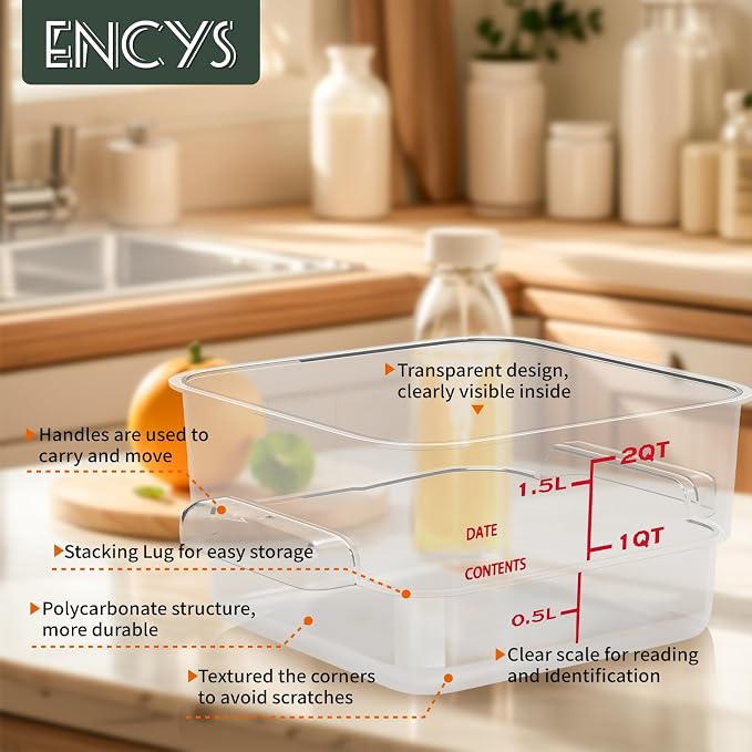 2 Quart Set of 4 Food Storage Containers,Food Containers with Lids and Handles,Square Commercial Food Containers for Kitchen, Restaurant，Refrigeration etc