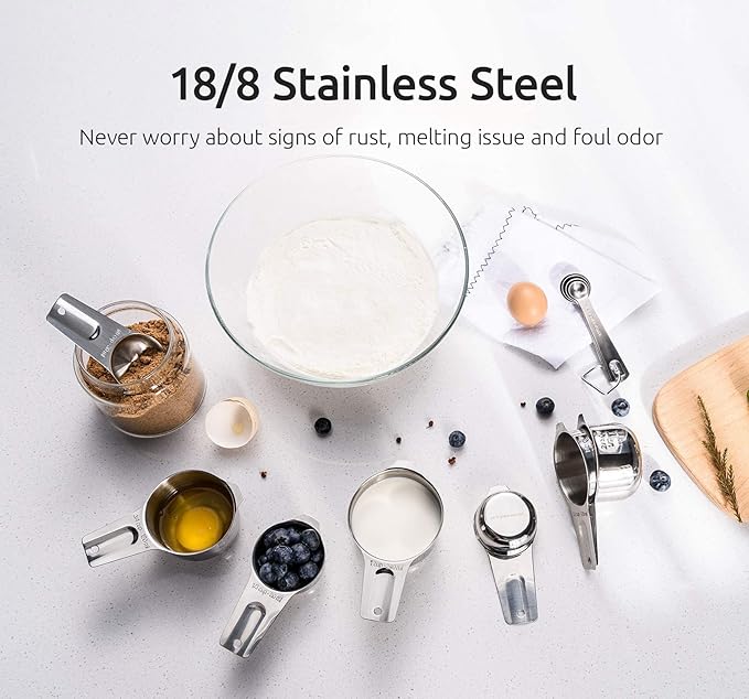 U-Taste 18/8 Stainless Steel Measuring Spoons Set of 6 and Measuring Cup Set of 7 for Dry and Liquid Ingredient with Engraved Measurement