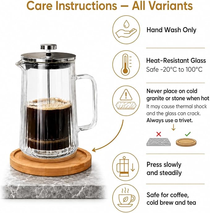 Large Wavy Glass French Press Coffee Maker 34oz – Double-Wall Borosilicate Coffee Press with Stainless Steel Filter – Manual Coffee Brewer & Tea Press – 1 Litre Glass French Press