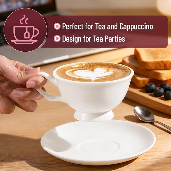 Fine Bone China Espresso Cups and Saucers Set of 4, 5 Oz Classic White Tea Cup Set for Coffee, Cappuccino, Latte, Afternoon Tea, Wedding, Festival Gift