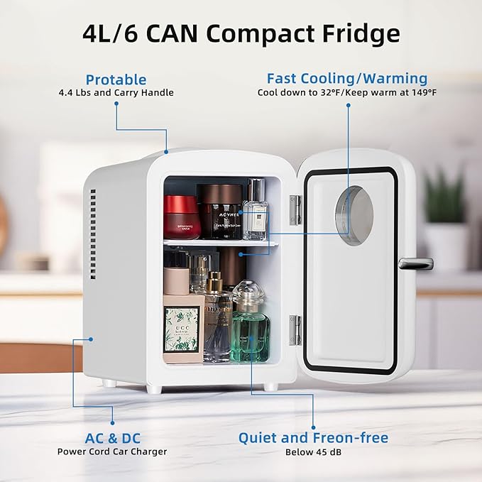 Antarctic Star Compact Mini Fridge, 4L Capacity/6 Cans Portable Cooler and Warmer Compact Refrigerator, for Bedroom,Car,Office and Dorm, Small Cooler and Warmer for Cosmetics, Beverage and Food, White