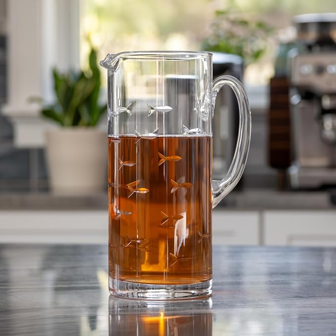 Rolf Glass School of Fish Pitcher | 44oz Glass Pitcher | Diamond Engraved in America | Coastal Fish Design | Lead-Free Glassware