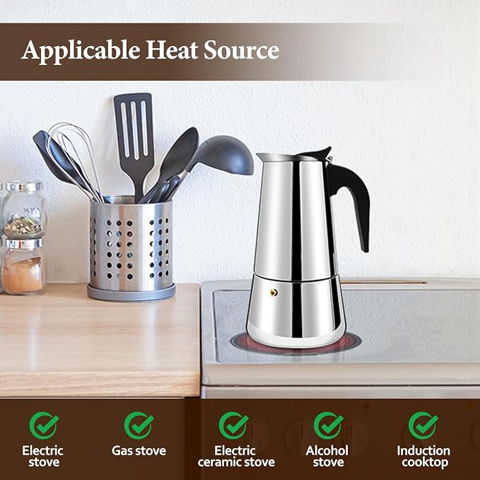 2 Cup 100ml Stainless Steel Moka Pot Stovetop Espresso Maker | Italian Coffee Machine 3.3oz Suitable for Gas Induction Stovetop Mocha Greca Coffee Maker Percolator Straight