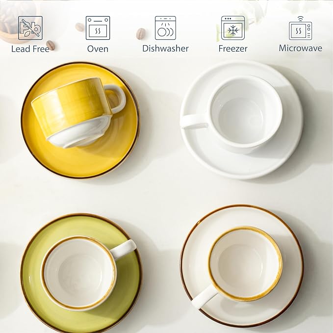 ONEMORE 2.5 Oz Espresso Cups Set of 4, Stackable Porcelain Coffee Cups with Saucers and Metal Stand, Demitasse Mugs for Espresso, Cappuccino, Latte, Microwave & Dishwasher Safe