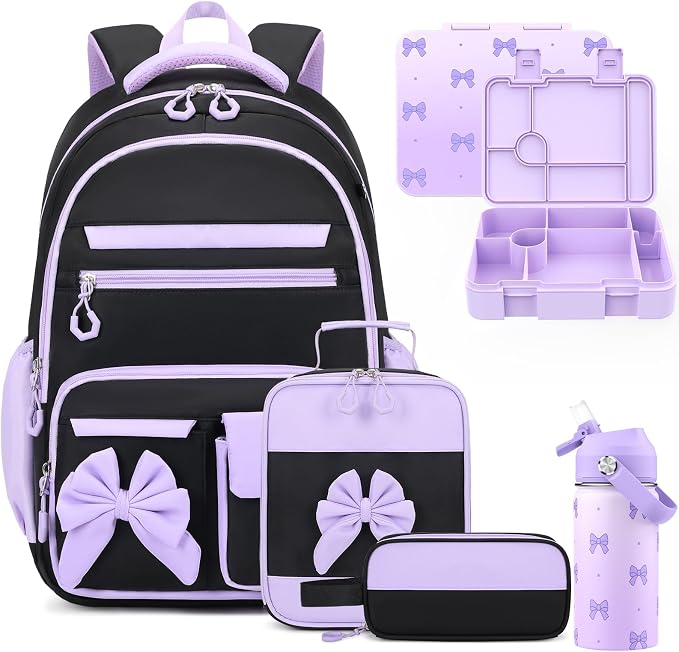 DIGOBAY 5PCS Girls Backpack - Includes 14oz Insulated Water Bottle & Bento Box for kids, Girls School Backpack Set with Lunch Bag & Pencil Case, Girls Teens for Elementary Preschool Middle School