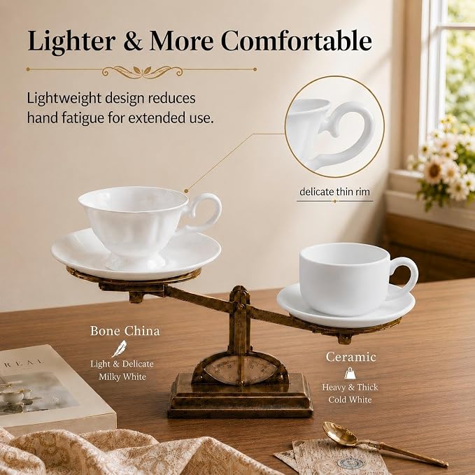 Fine Bone China Tea Cups and Saucers Set of 2, 4 Oz Vintage British Royal Style Espresso Coffee Cups for Afternoon Tea, Latte, Cappuccino, Elegant Gift