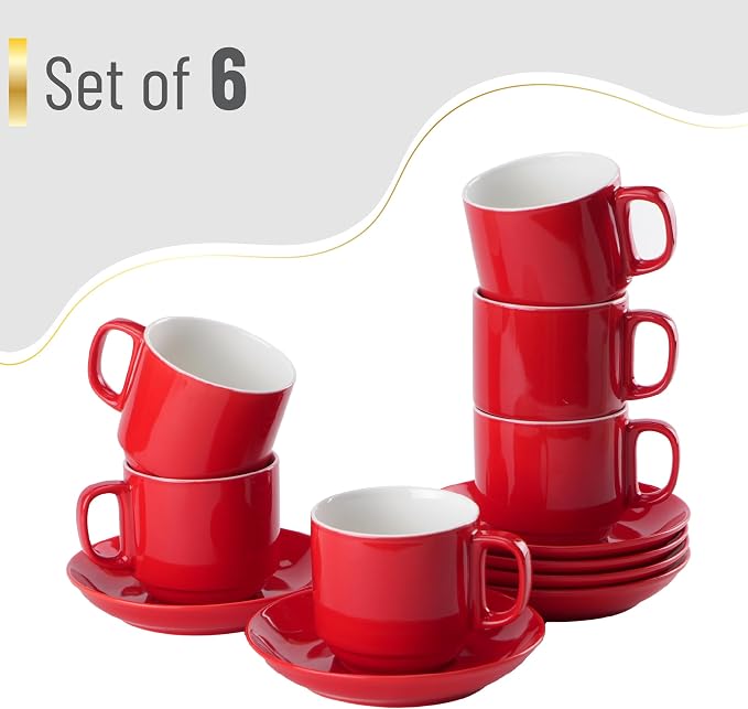 BTaT- Stackable Coffee Cups with Saucers, Set of 6, 8 Ounce, Red, Porcelain Cappuccino Cups for Coffee Drinks, Cappuccino, Latte, Espresso, Americano and Tea, Microwave & Dishwasher Safe